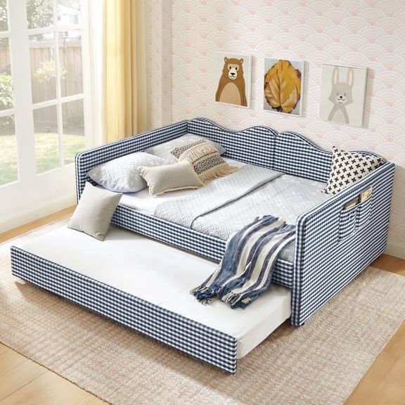 HanuQ Full-Size Gingham Upholstered Daybed with Pull-Out Trundle and Side Storage Pocket, Solid Wood Frame Multi-Functional Sofa Bed, Blue