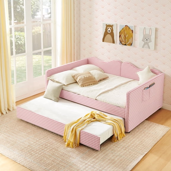 HanuQ Full-Size Gingham Upholstered Daybed with Pull-Out Trundle and Side Storage Pocket, Solid Wood Frame Multi-Functional Sofa Bed, Pink