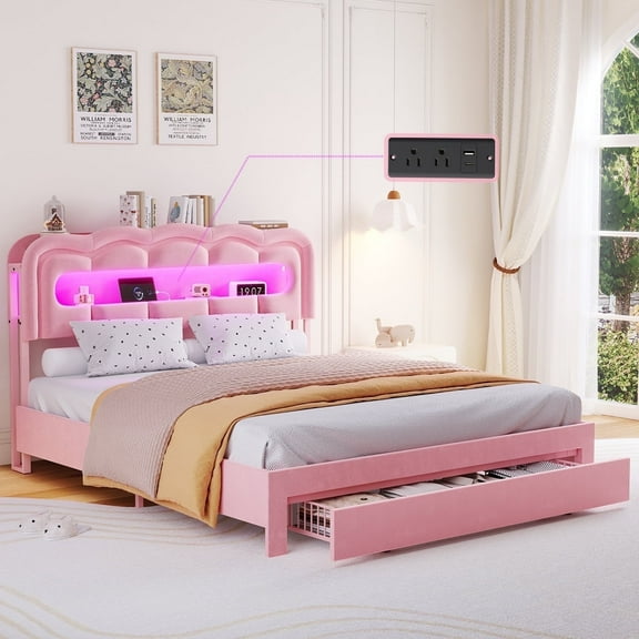 ROCHECASA Full Size Bed Frame with Storage and LED Lights Charging Station, Velvet Upholstered Bed Frame with Drawer, Easy Assemble, Pink