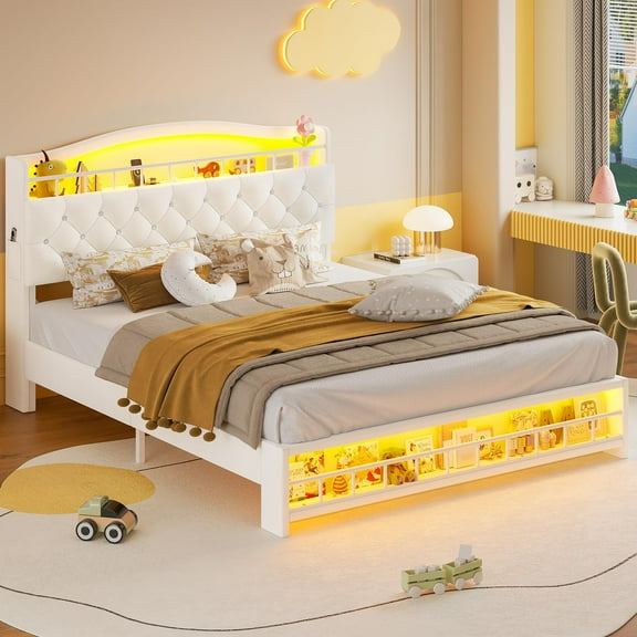 Full Size Girls Bed with LED Lights and Charging Station, Princess Bed Frame with Storage Headborad, Beige Platform Bed, No Box Spring Needed Noise-Free Easy Assembly