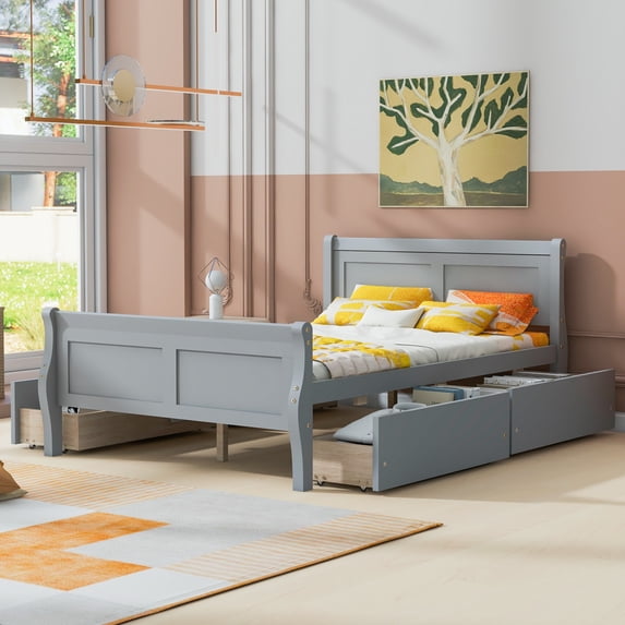 Full Size Gray Bed Frame, Classic Platform Bed with Four Storage Drawers and Solid Wood Frame, Storage Bed with Streamlined Headboard for Kids, Teens, Adults, No Box Spring Needed