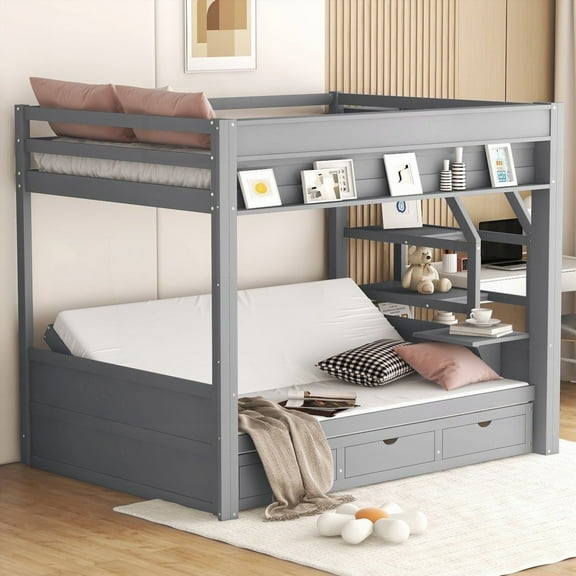 Full Size Gray Convertible Bunk Bed with Storage & Staircase