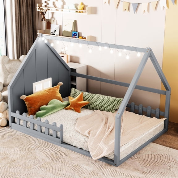 Full Size Gray House Bed with Guardrails / Ensure Safety for Young Sleepers
