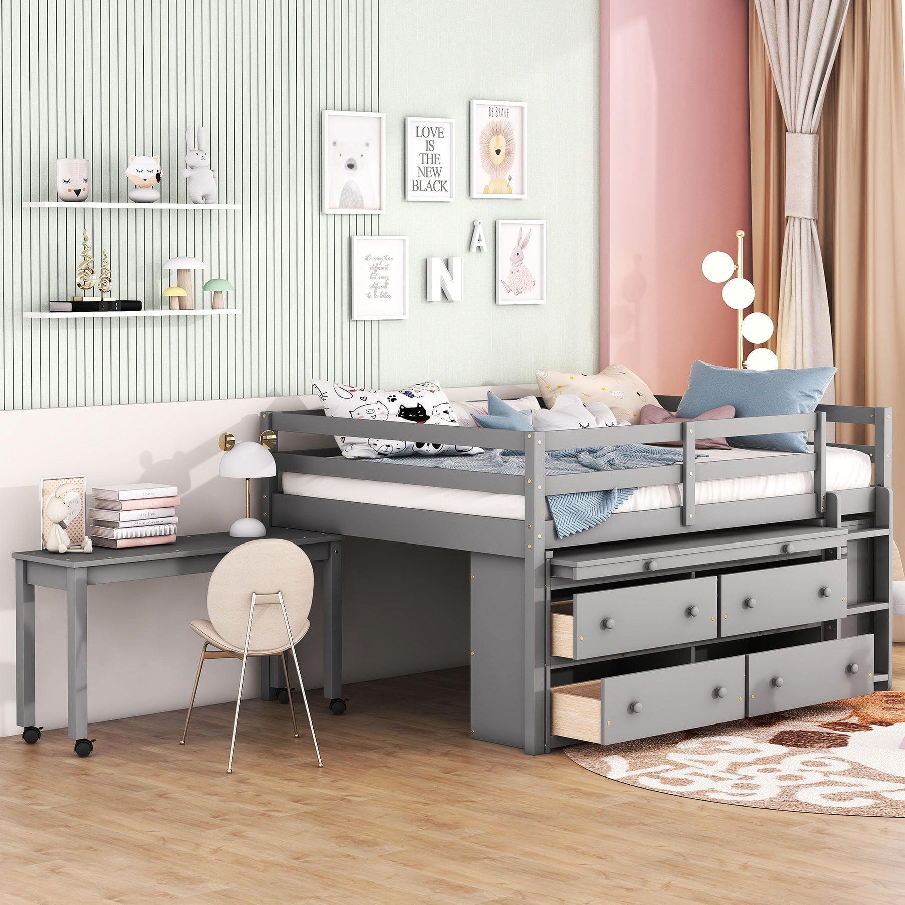 Full Size Gray Loft Bed | Storage Drawers & Shelves | Functional Design ...