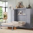 thumbnail image 1 of Full Size Gray Murphy Bed with Wardrobe &amp; Storage - Wooden Wall Bed, Foldable Platform Bedframe for Guest Room/Bedroom, Space-Saving Design, 1 of 21