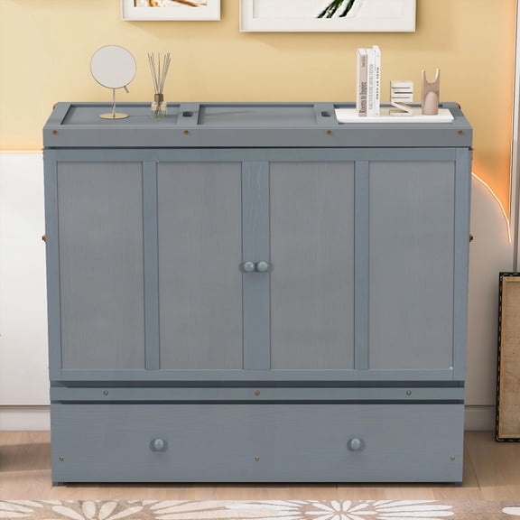 Full Size Gray Murphy Bed: USB & Drawer, Sturdy Pine MDF, Space-Adding Option