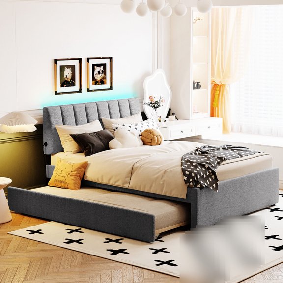 Full Size Gray Teddy Fleece Platform Bed with Trundle | Durable Construction, Remote - controlled Lights for Night