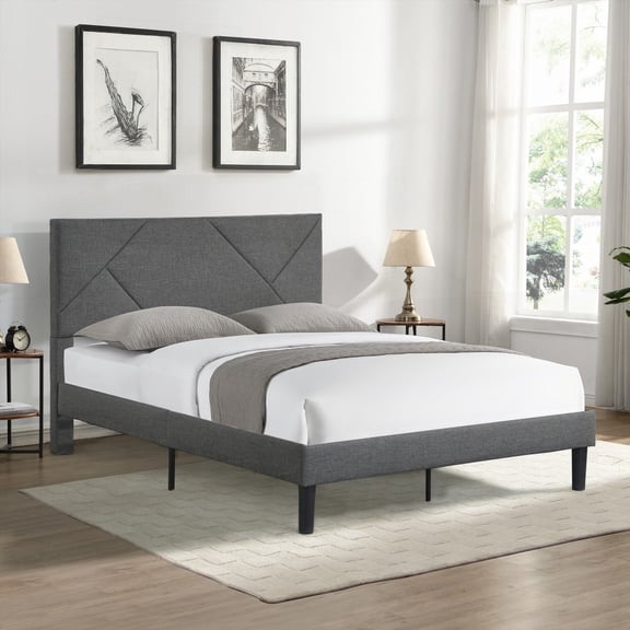 Full Size Solid Wood Platform Bed Frame with Headboard, No Box Spring Needed, Gray for Bedroom