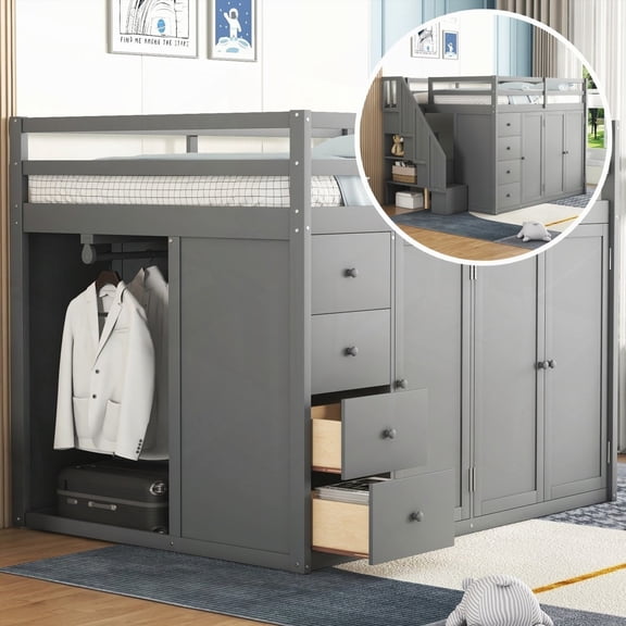 Full Size Gray Wood Loft Bed - Storage Galore & Easy Access!