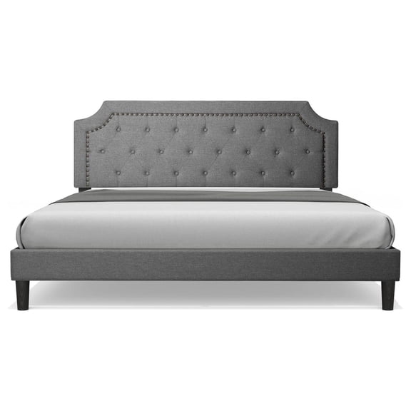 Full Size Grey Color Bed Frame Upholstered Low Profile Traditional Platform with Tufted and Nail Headboard/No Box Spring Needed/No Bed Skirt Needed/Linen Fabric Upholstery (Full Size, Grey)