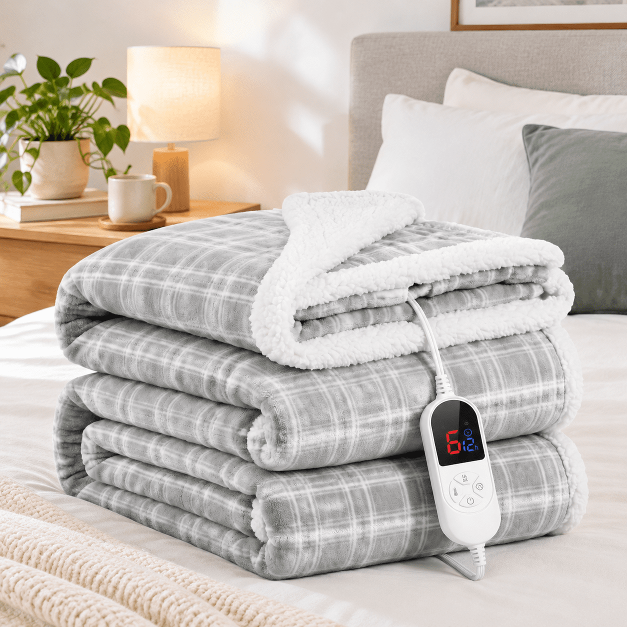 Full Size Grey Plaid Heated Electric Blanket 72