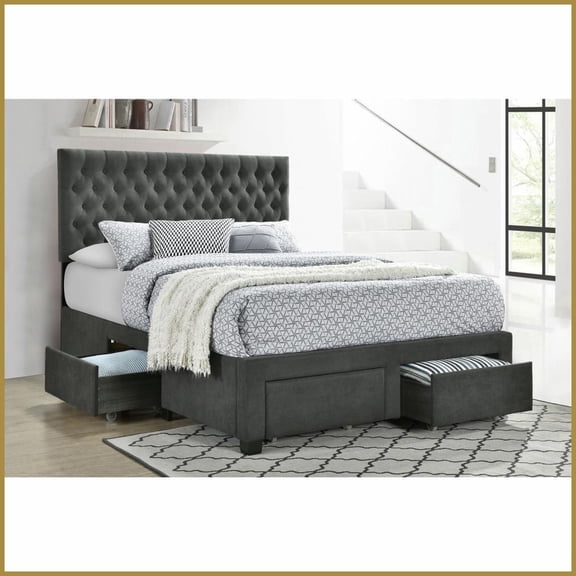 Full Size Grey Upholstered Storage Bed Frame - Asian Hardwood, No Box Spring Needed