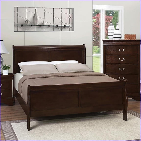 Full Size Hardwood Veneer Sleigh Bed Frame Cappuccino Louis Philippe Classic 600lbs Capacity Bedroom