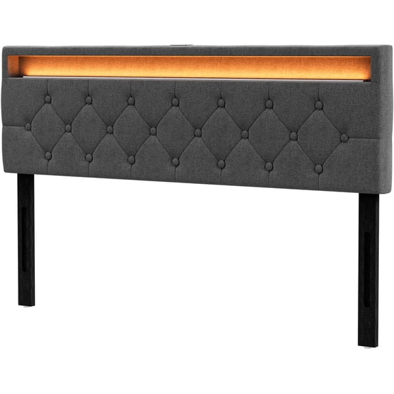 Full Size Headboard with LED Lights & 2 USB Ports, Adjustable Height, Modern Upholstered Linen Full Headboard Only, Button Tufted Design, Easy Assembly - Dark Grey