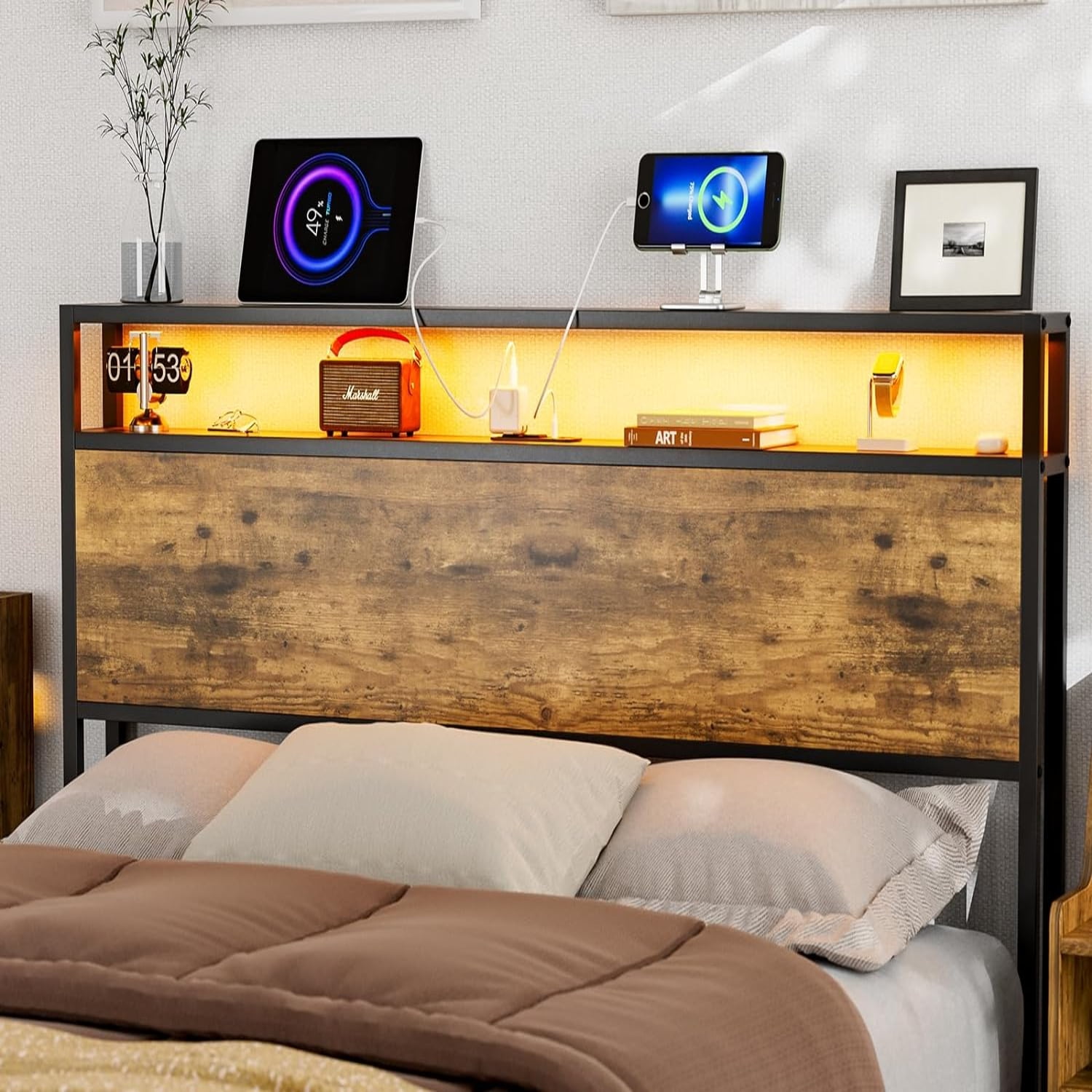 Full Size Headboard with LED Lights & Charging Station Industrial