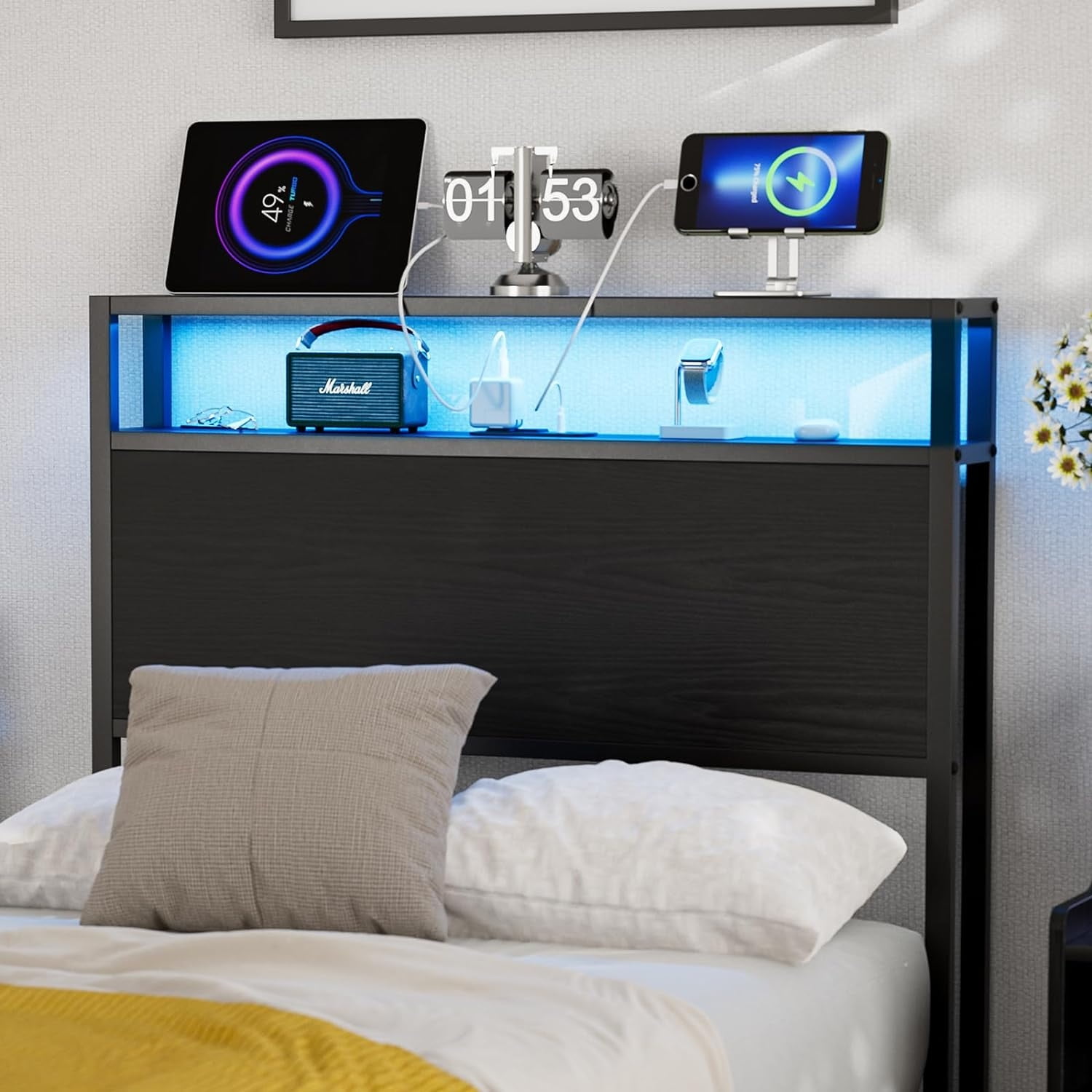 Full Size Headboard with LED Lights & Charging Station Industrial