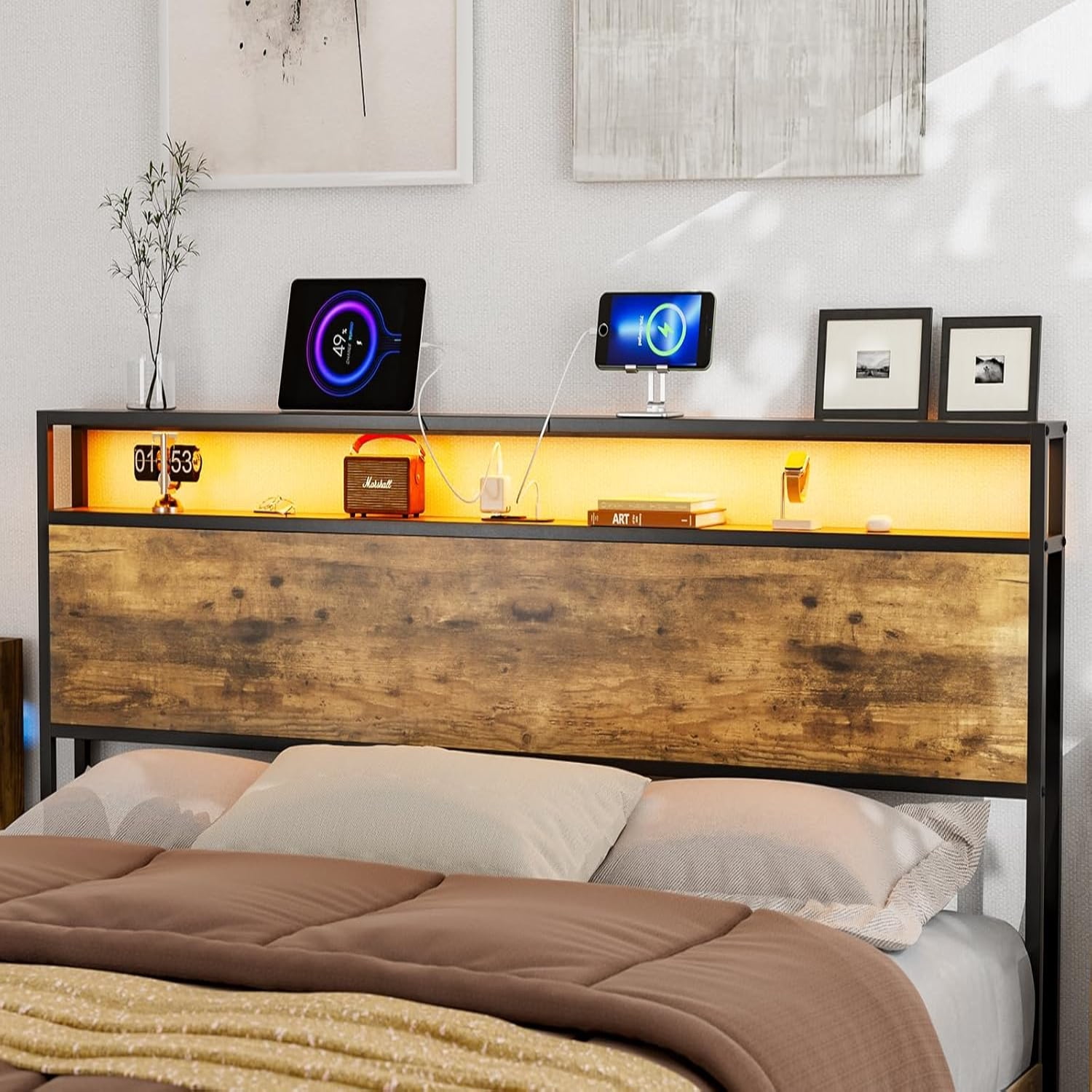 Full Size Headboard with LED Lights & Charging Station Industrial
