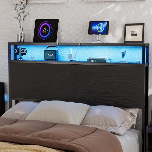 Full Size Headboard with LED Lights & Charging Station Industrial