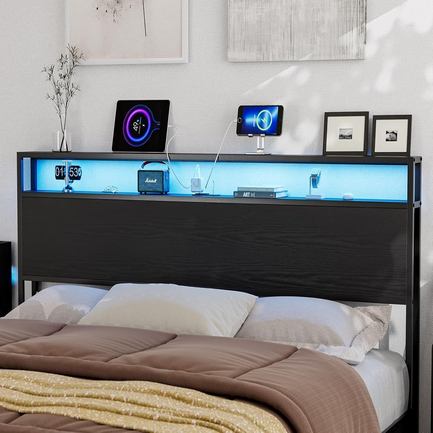 Full Size Headboard with LED Lights & Charging Station Industrial
