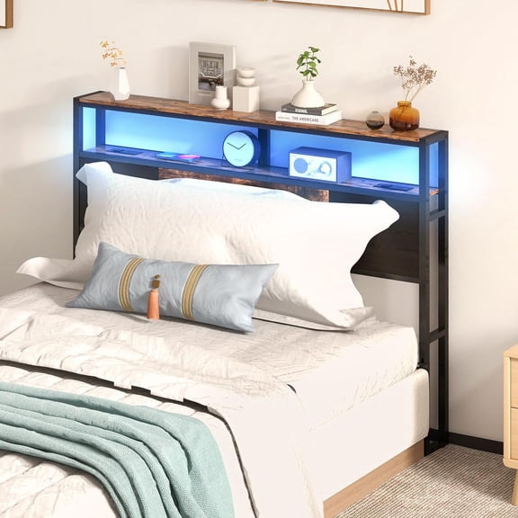 Full Size Headboard with Charging Station USB Port LED Light and 2-Tier Storage Shelf Adjustable Height Sturdy Rustic Brown