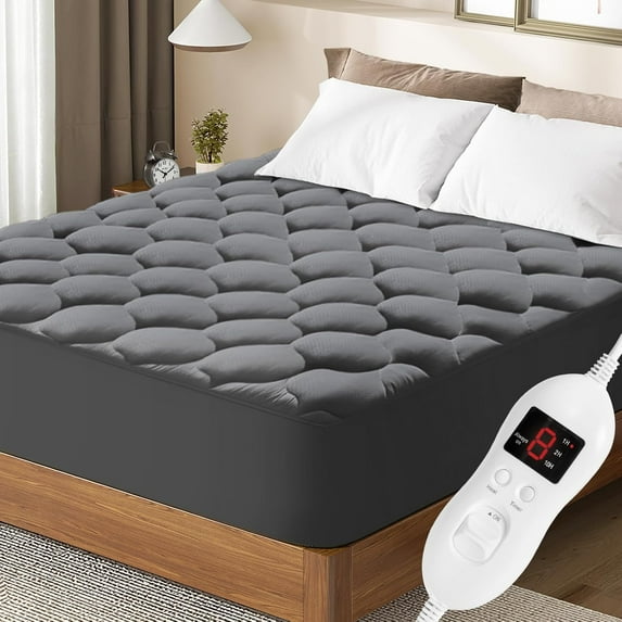 Full Size Heated Mattress Pad - Auto Shut Off Electric Mattress Pad Cover - Electric Bed Warmer with Deep Pocket, Machine Washable, Dark Gray
