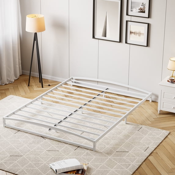 Full Size Heavy Duty Low Profile Metal Platform Bed | 6-Inch White Legs with Arched Headboard & Footboard | Noise-Free Design with Under-Bed Storage, No Box Spring Needed & Easy Assembly