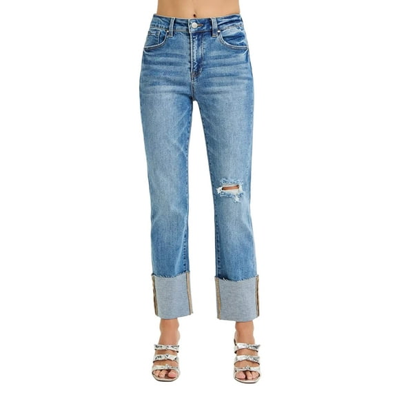 Full-Size High-Rise Ankle Straight Wide Cuffed Jeans Plus Size