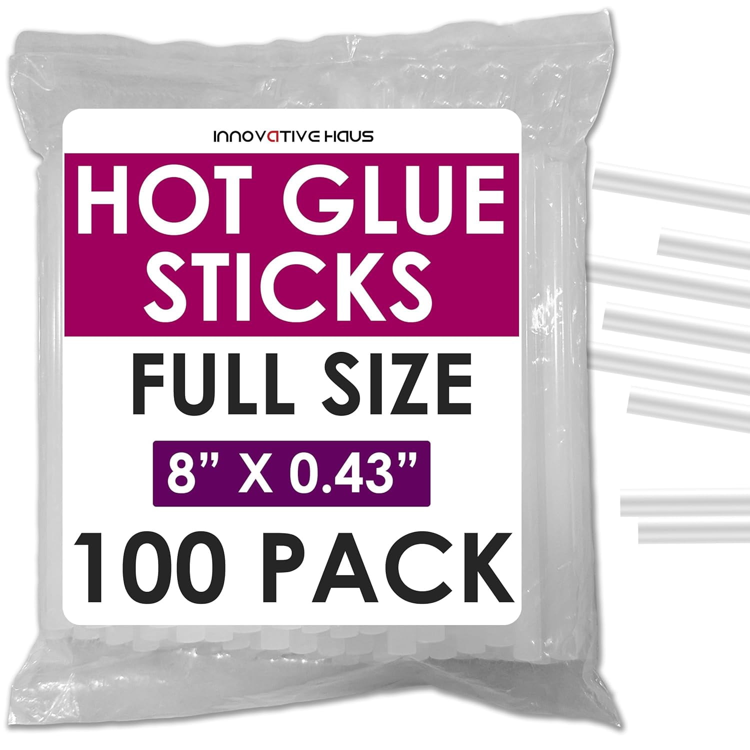 Full Size Hot Glue Sticks Bulk 100 Pack - Fits Full Size Glue Guns, 8" x 0.43" - Craft, Bond, Create on Wood, Metal, Glass and More - Clear Large Stick