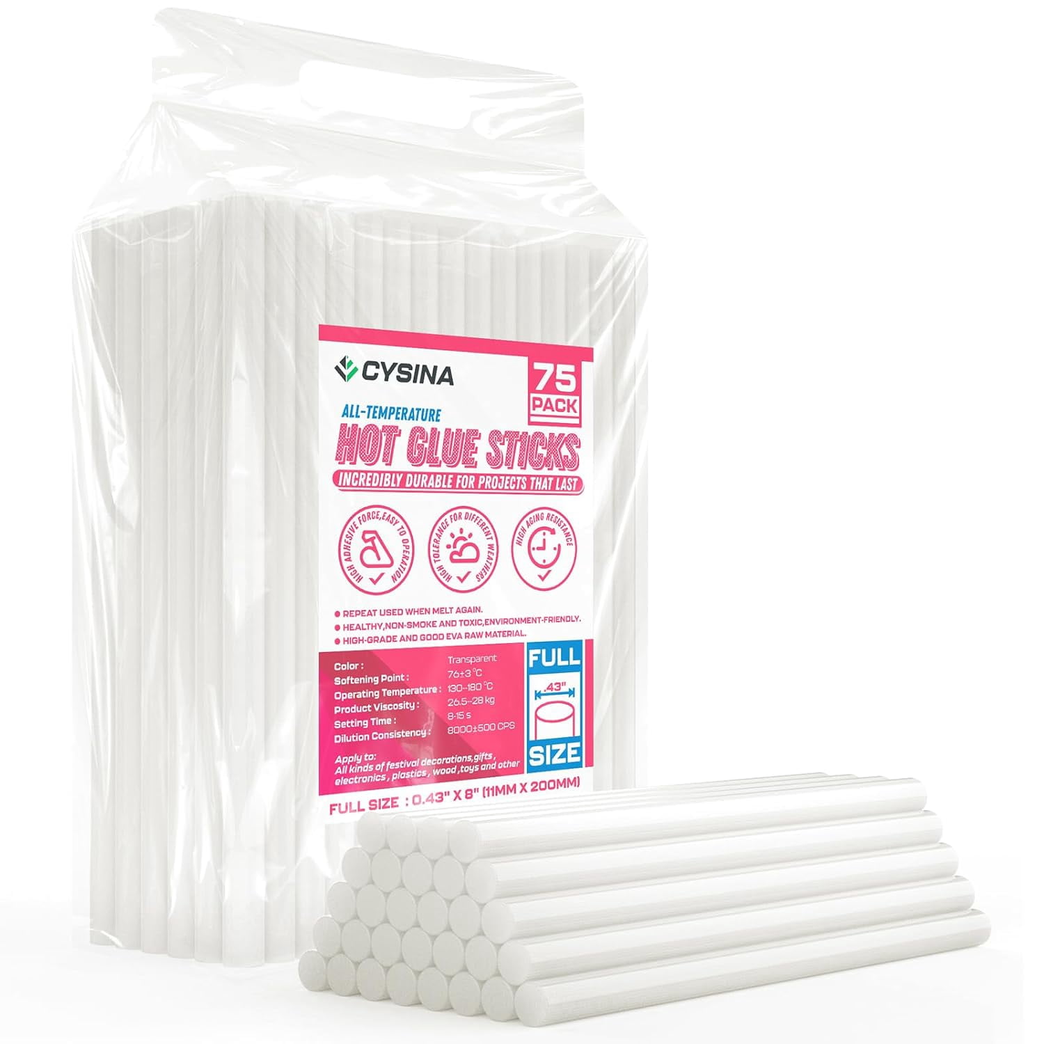 Full-Size Hot Glue Sticks,Full-Size 0.43”x8” Clear High-Temp Adhesive for Various Uses (75-Pack)