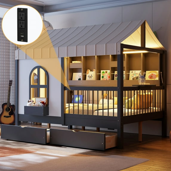 Full Size House Bed - 2 Large Drawers, Side Bookshelf with LED Strip, No Box Spring Needed for Teens,Gray