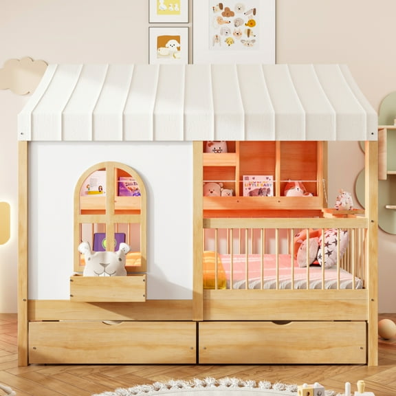Full Size House Bed - 2 Large,Natural Drawers, Side Bookshelf with LED Strip, No Box Spring Needed for Teens