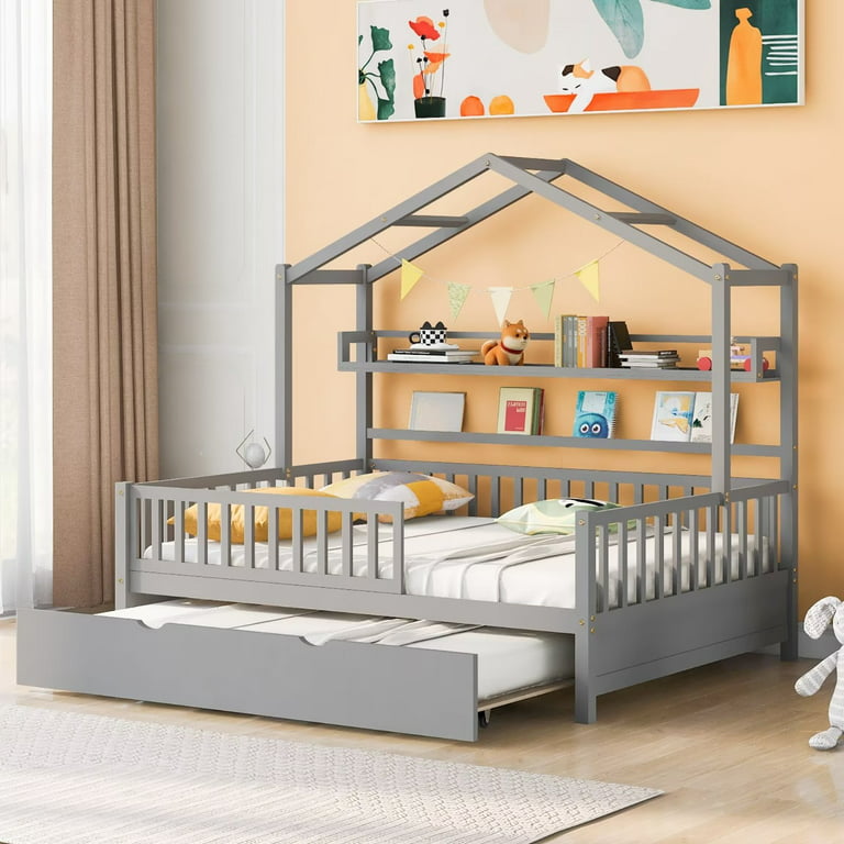 Full Size House Bed Frame with Twin Size Trundle, Full Platform Bed Frame  with Storage Shelf and Fence Guardrails, Solid Wood 2-in-1 Beds with Roof  for Kids Boys Girls Bedroom, Gray 