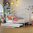 thumbnail image 1 of Full Size House Bed Frame, Wood Platform Bed with Twin Size Trundle, Decorative Canopy Bed Top, Sturdy Frame Wood Legs Supprot, No Box Spring Needed, White, 1 of 9