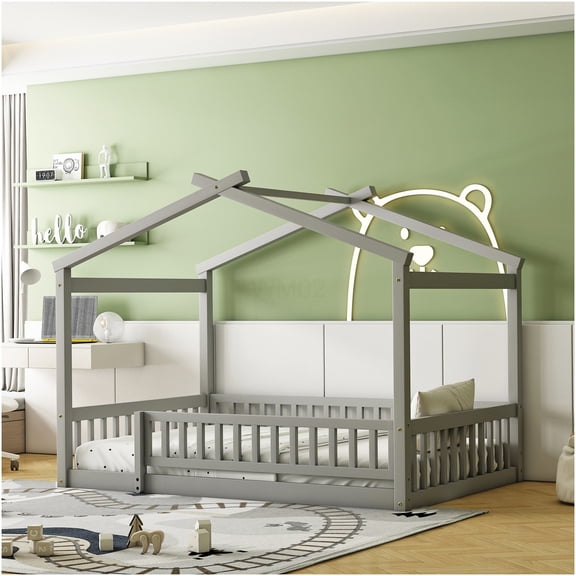 Full Size House Bed Frame with Fence Roof, Gray Mid-Century Modern Wood Platform Bed with Slat Support