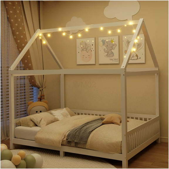 Full Size House Bed Frame with LED Lights, Safety Rails, Wood Structure for Bedroom