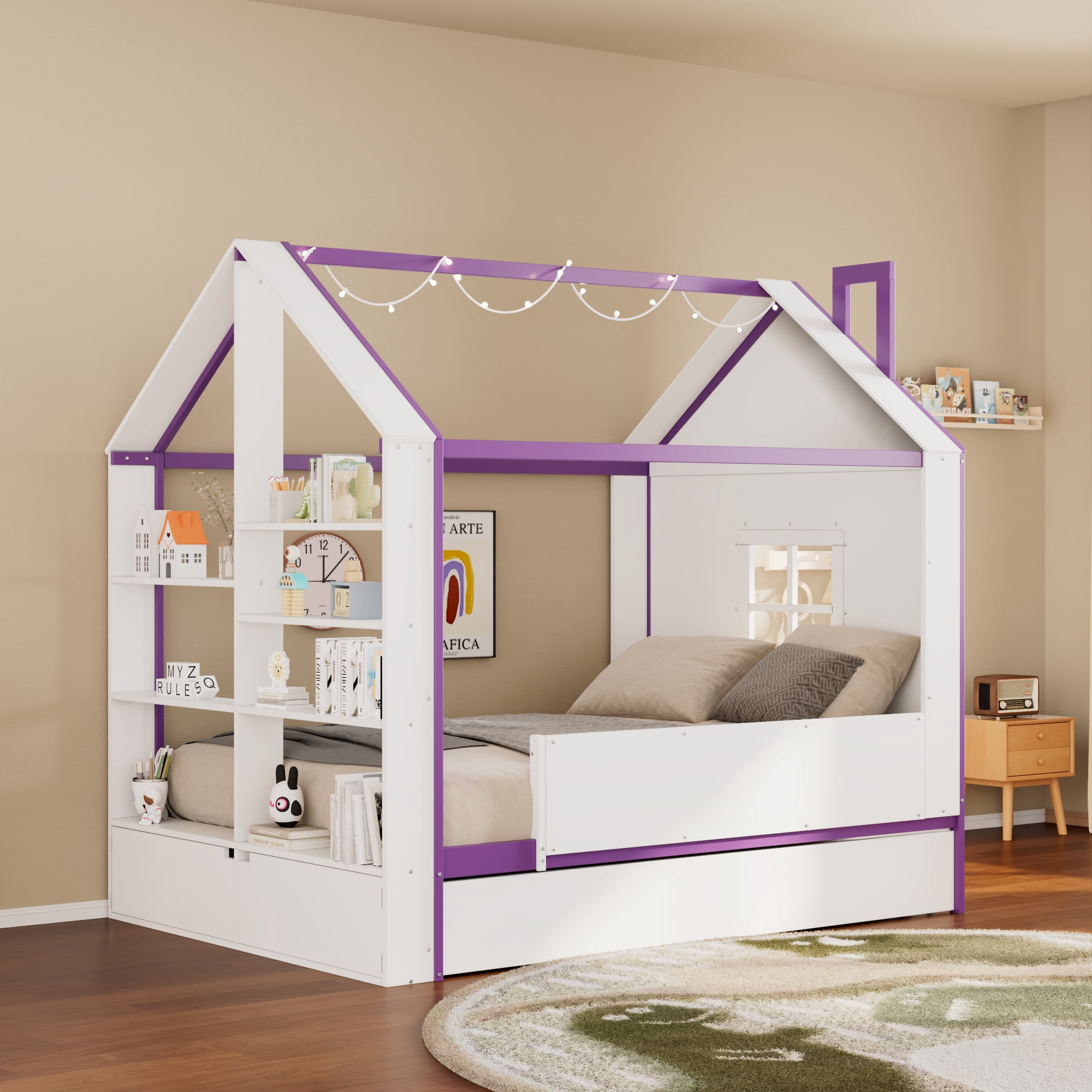 Full Size House Bed Frame with Pull-Out Trundle, Tail End Storage Shelves and Cool White LED Lights, White+Purple