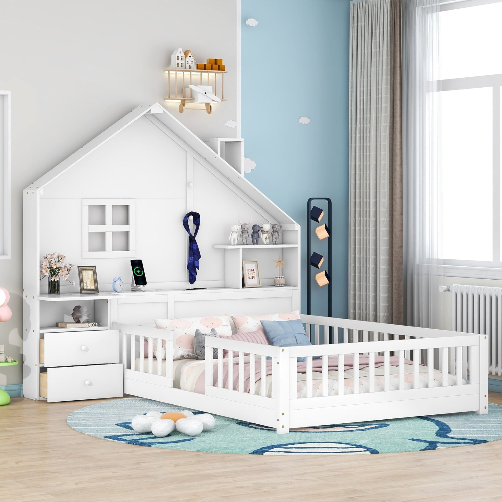 Picture of Full Size House Bed Frame with Storage Drawers, Shelves, Built-In USB ...