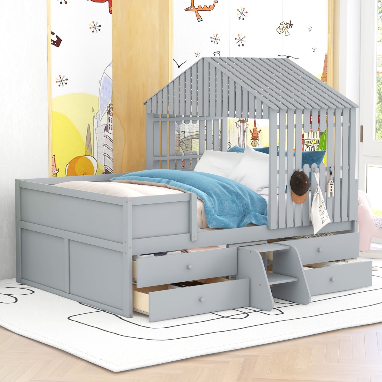 Full Size House Bed for Kids, Full Bed Frame with 4 Storage Drawers