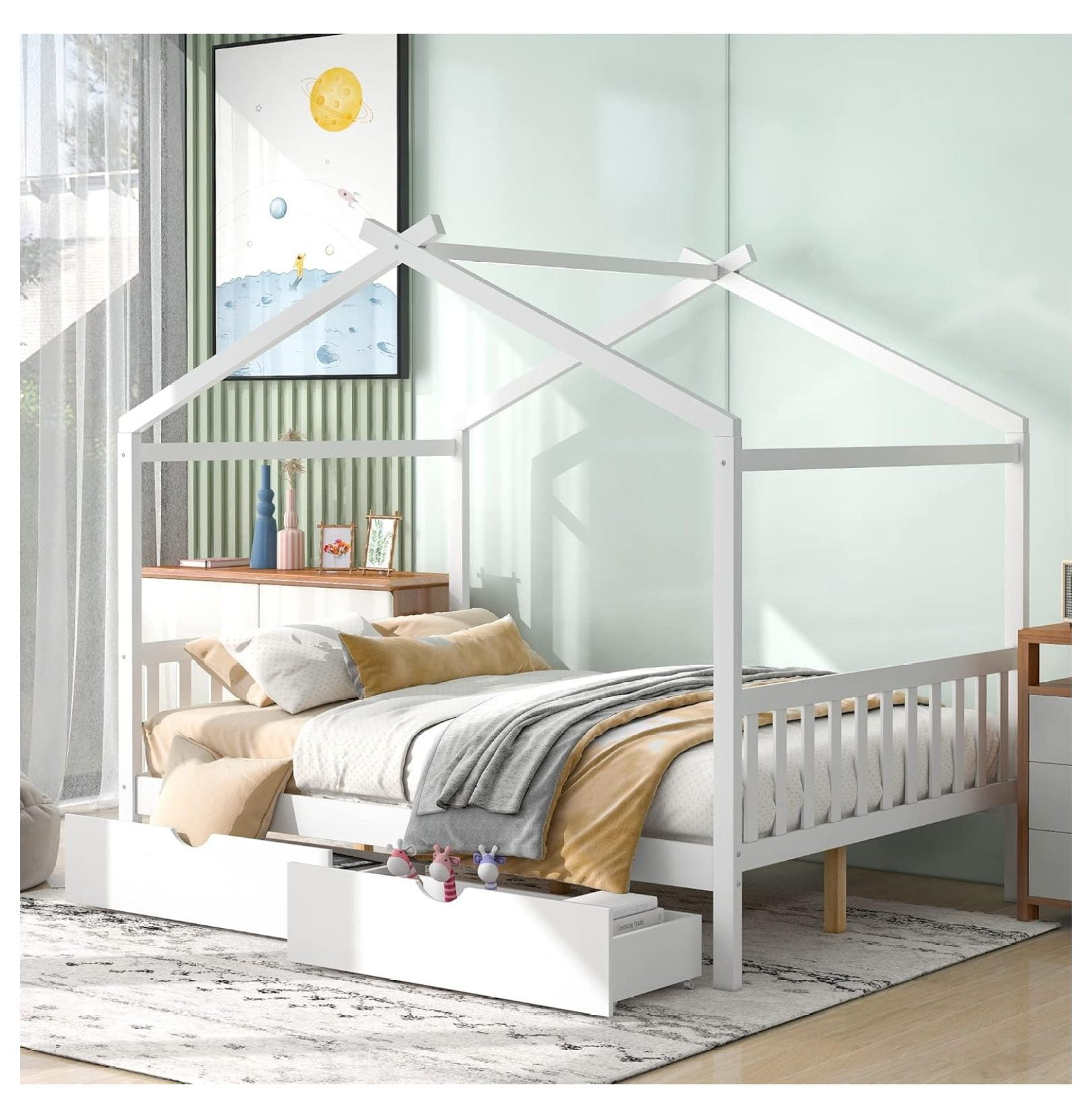 Full Size House Bed for Kids, Teens,Wood Storage Platform Bed with