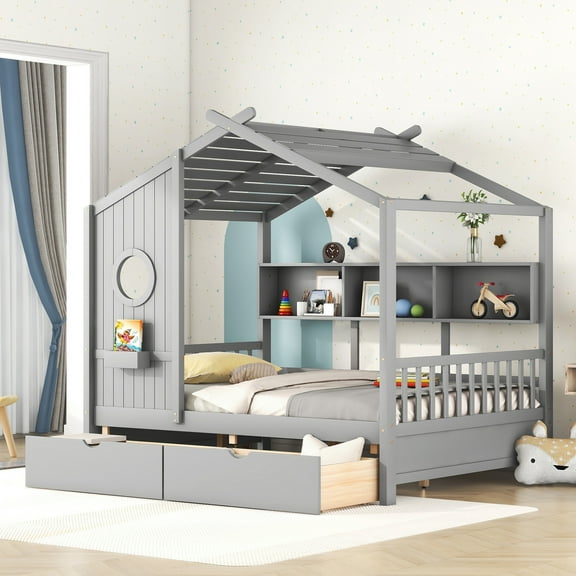 Full Size House Bed Modern Wood with 2 Storage Drawers and Shelf Playhouse Design for Bedroom Nursery Space Saving, Gray