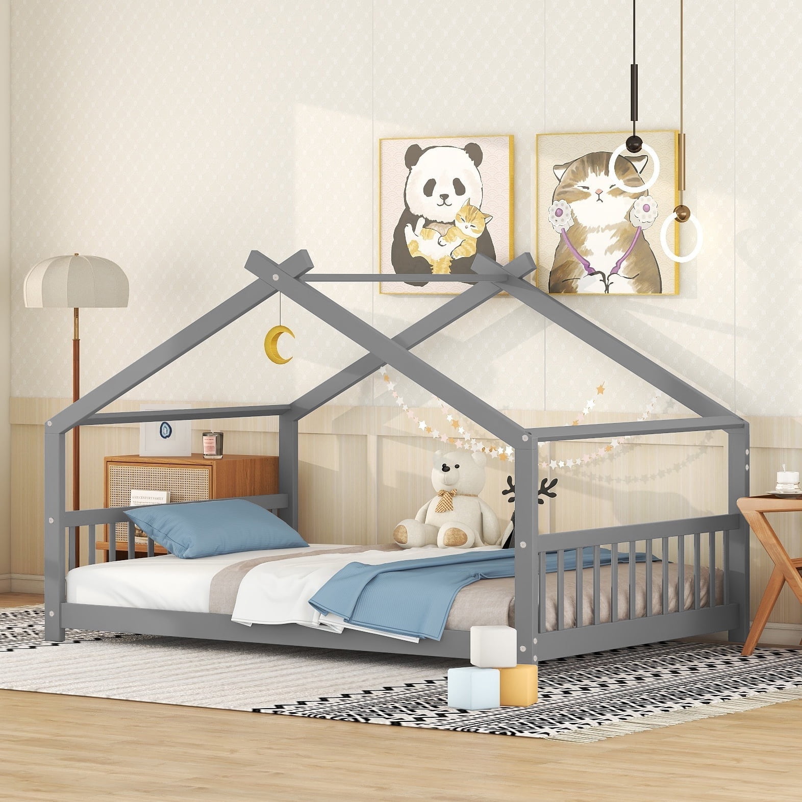 Full Size House Bed, Montessori Style Floor Bed Frame, Wood Fun Playhouse Twin Bed with Headboard and Footboard for  Teens（Gray)