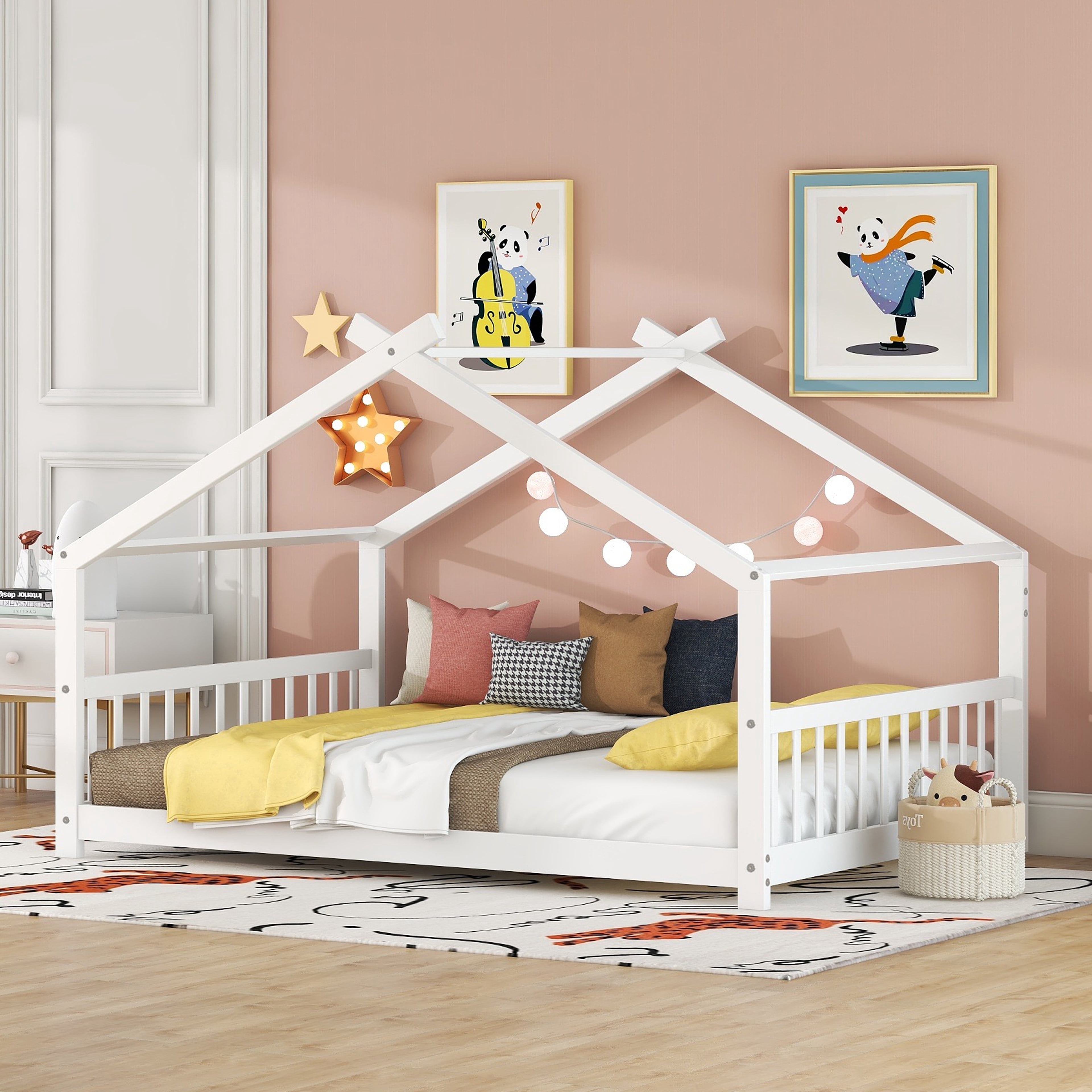 Full Size House Bed, Montessori Style Floor Bed Frame, Wood Fun Playhouse Twin Bed with Headboard and Footboard for Teens（White)