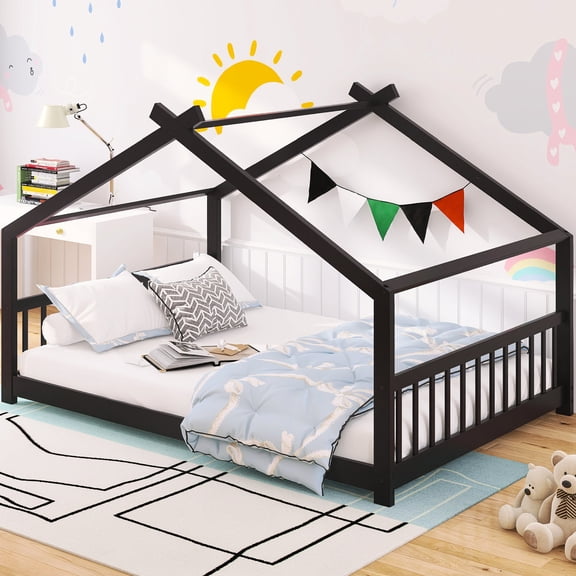 Full Size ' House Bed In , Pinewood Construction, Playhouse Roof, Creates A Joyful And Relaxing Sleeping Spot For Bed, Size, Construction With Pinewood, Play Area Roof Restful Sleep