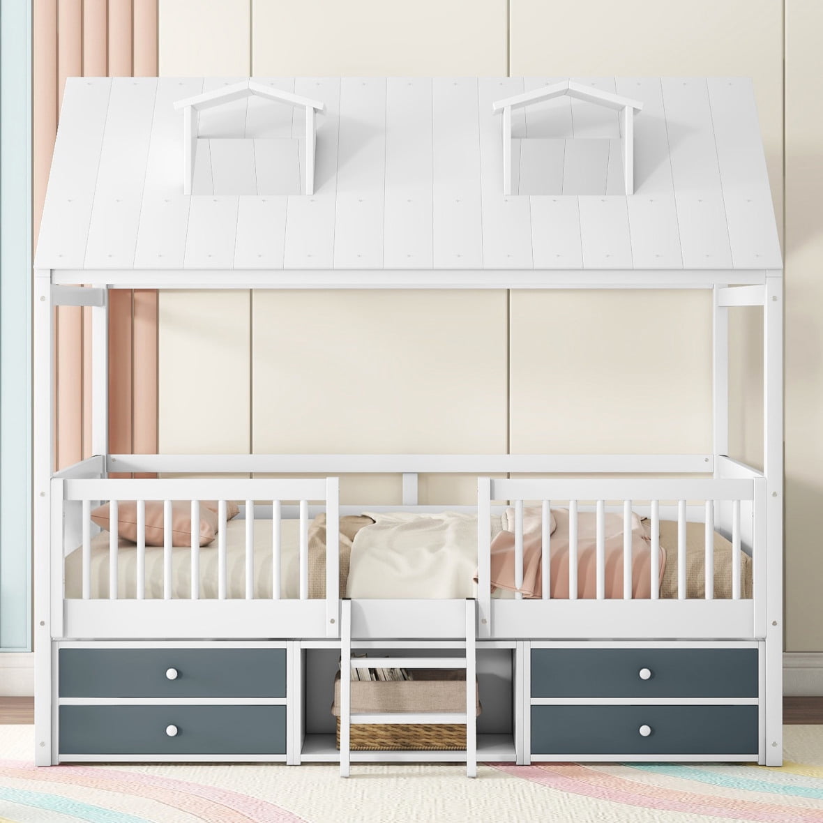 Full Size House Bed with Roof, Skylights and Guardrail, Cabin Bed with ...