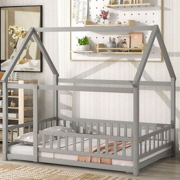 Full Size House Bed with Roof, Solid Wood Floor Bed with Full Length Fence, Wooden Kids Platform Bed, Montessori Bed, Playhouse Bed Frame for Kids Teens Girls Boys, Box Spring Needed,Gray