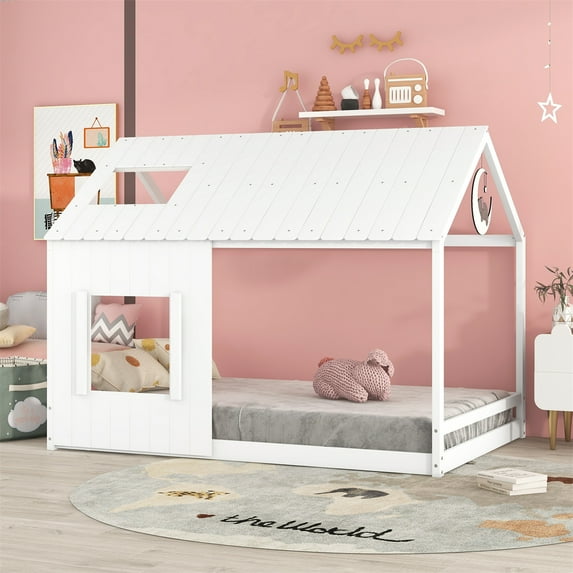 Full Size House Bed with Roof and Window, Montessori Wood Full Floor Bed Frame Cabin Fun Playhouse Bed for Girls, Boys and Teens, No Spring Box Required, White