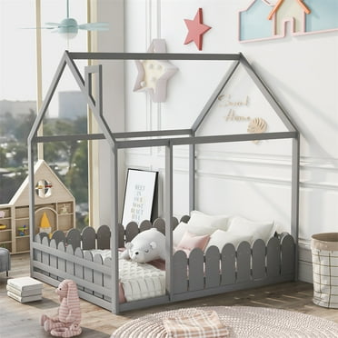 Full Size House Bed, Solid Wood House Bed Frame with Roof and Fence, Multifunctional House Floor Platform Bed Frame, Box Spring Needed, House Tent Bed for Boys Girls Bedroom Living Room, Gray