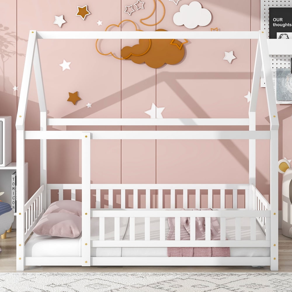 Full Size House Bed, Solid Wood Montessori Floor Bed, Kids Toddler Montessori Bed Frame with Roof Design and Full-Length Guardrail, Playhouse Floor Bed for Kids Girls Boys, White