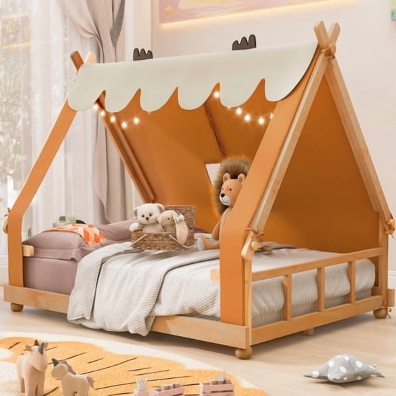 Full Size House Bed with Tent and Light, Cabin-Style Platform Bed with Detachable Canopy and Skylight for Bedroom, Sturdy Construction, Easy Assembly, Brown