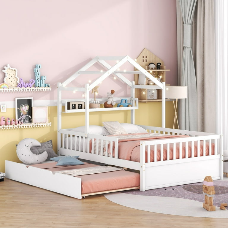 Full Size House Bed with Trundle Kids Bed with Roof and Shelf Headboard Montessori Platform Bed with Fence Solid Wood Playhouse Bed Frame for